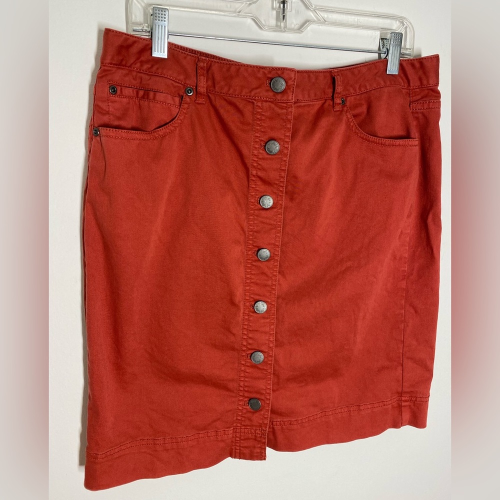 J Jill Size 12 Stretch Rust Red Button Front Knee Length Skirt Pockets Cotton